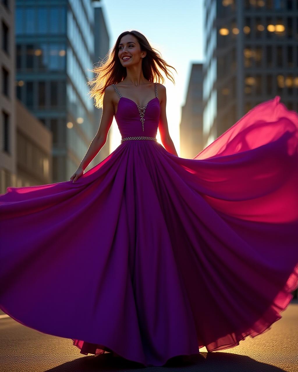 Model twirling in a stunning London collection evening gown