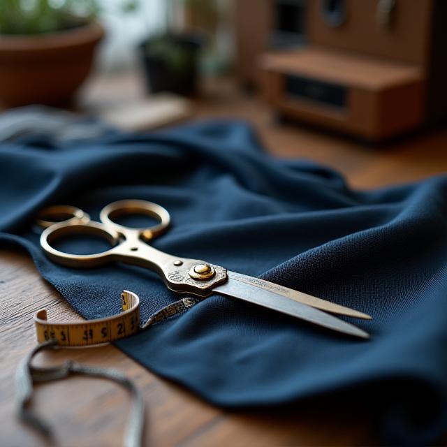 Bespoke tailoring tools and elegant fabric on a London studio table